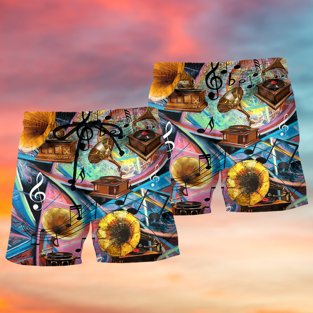 Gramophone Vintage Record Beach Shorts Pattern View For Resort Days And Outdoor Activities