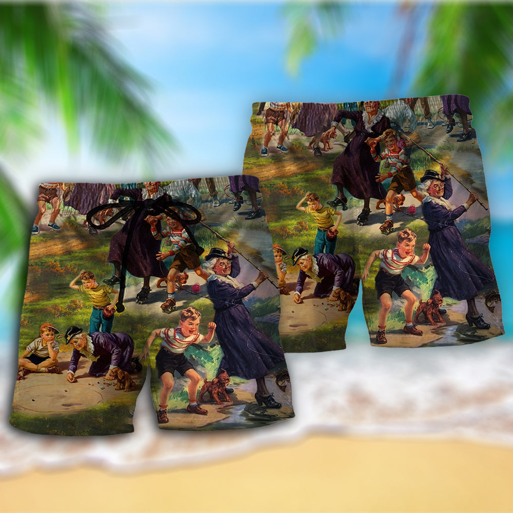 Grandma Playing With Grandson Beach Shorts Artwork Detail For Casual Warm Weather Outfits