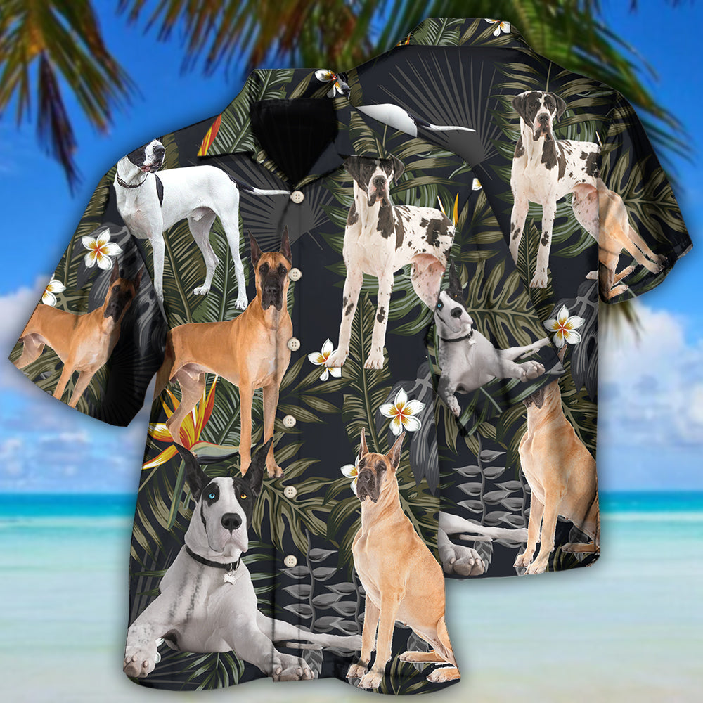 Tropical Dane Dog Leaf Design Hawaiian Shirt For Resort Trips, Coastal Parties, And Warm Weather Style