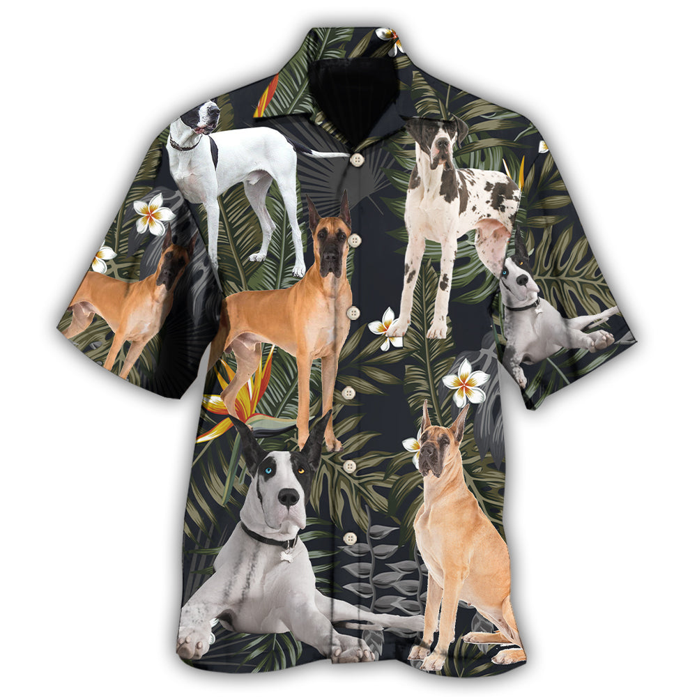 Tropical Dane Dog Leaf Design Hawaiian Shirt For Resort Trips, Coastal Parties, And Warm Weather Style