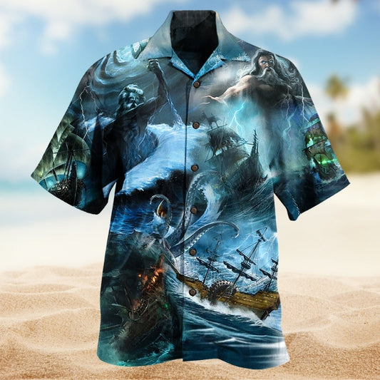 Greek Mythology Poseidon Inspired Hawaiian Shirt For Island Vacations, Resort Wear, And Relaxed Seasonal Style