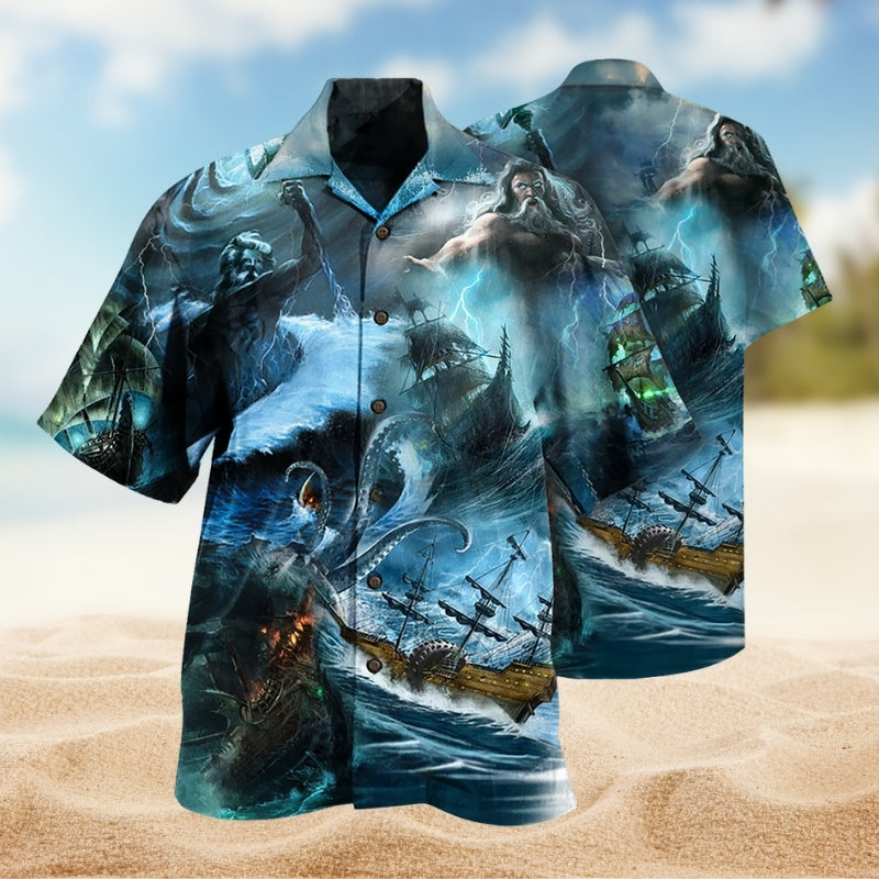Greek Mythology Poseidon Inspired Hawaiian Shirt For Island Vacations, Resort Wear, And Relaxed Seasonal Style