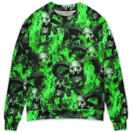 Green Flame Skull Burning Sweater For Alternative Outfits Seasonal Events And Everyday Comfort