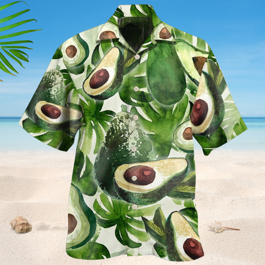 Green Avocado Fruit Hawaiian Shirt For Summer Vacation, Beach Travel, And Casual Wear