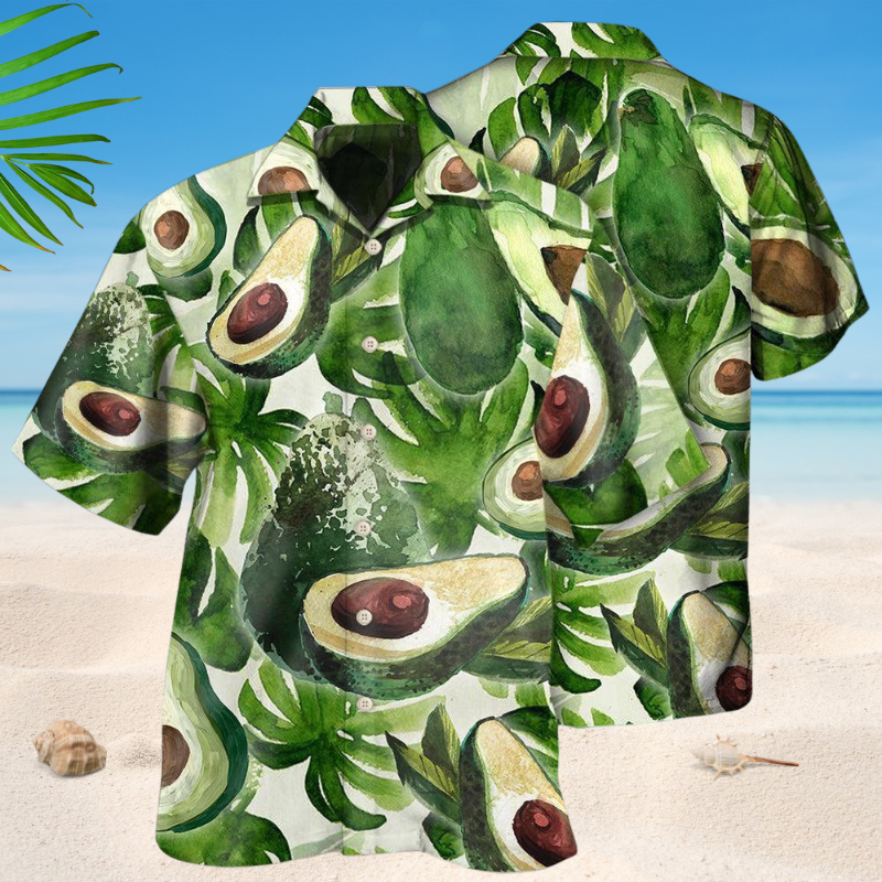 Green Avocado Fruit Hawaiian Shirt For Summer Vacation, Beach Travel, And Casual Wear