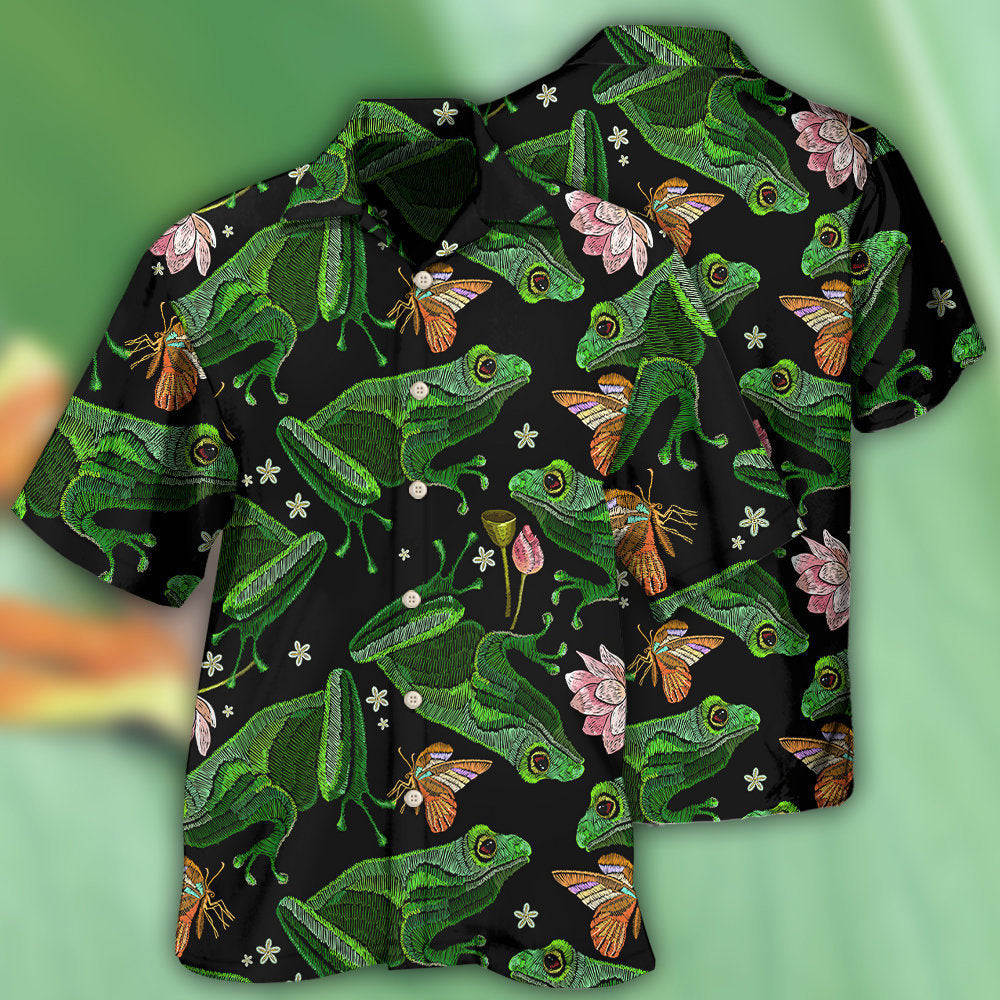 Creative Green Frog Black Hawaiian Shirt For Beach Days, Summer Outings, And Thoughtful Gift Giving