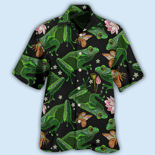 Creative Green Frog Black Hawaiian Shirt For Beach Days, Summer Outings, And Thoughtful Gift Giving