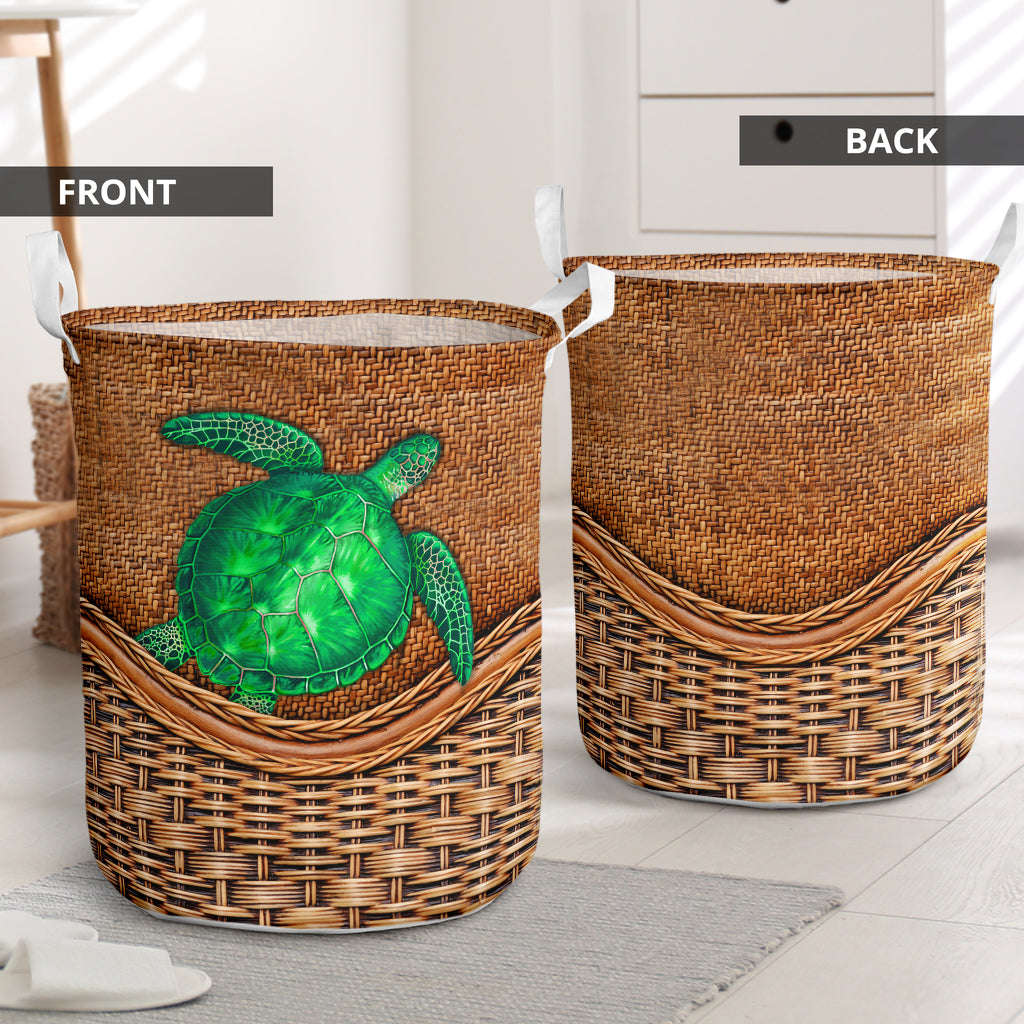 Green Turtle Rattan Texture Laundry Basket For Room Home Organizer
