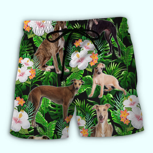 Greyhound Tropical Leaf Dog Lover Beach Shorts Artwork View For Seaside Trips And Casual Style