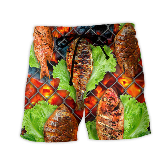 Grilled Fish BBQ Food Beach Shorts Design View For Poolside Relaxation And Holiday Trips
