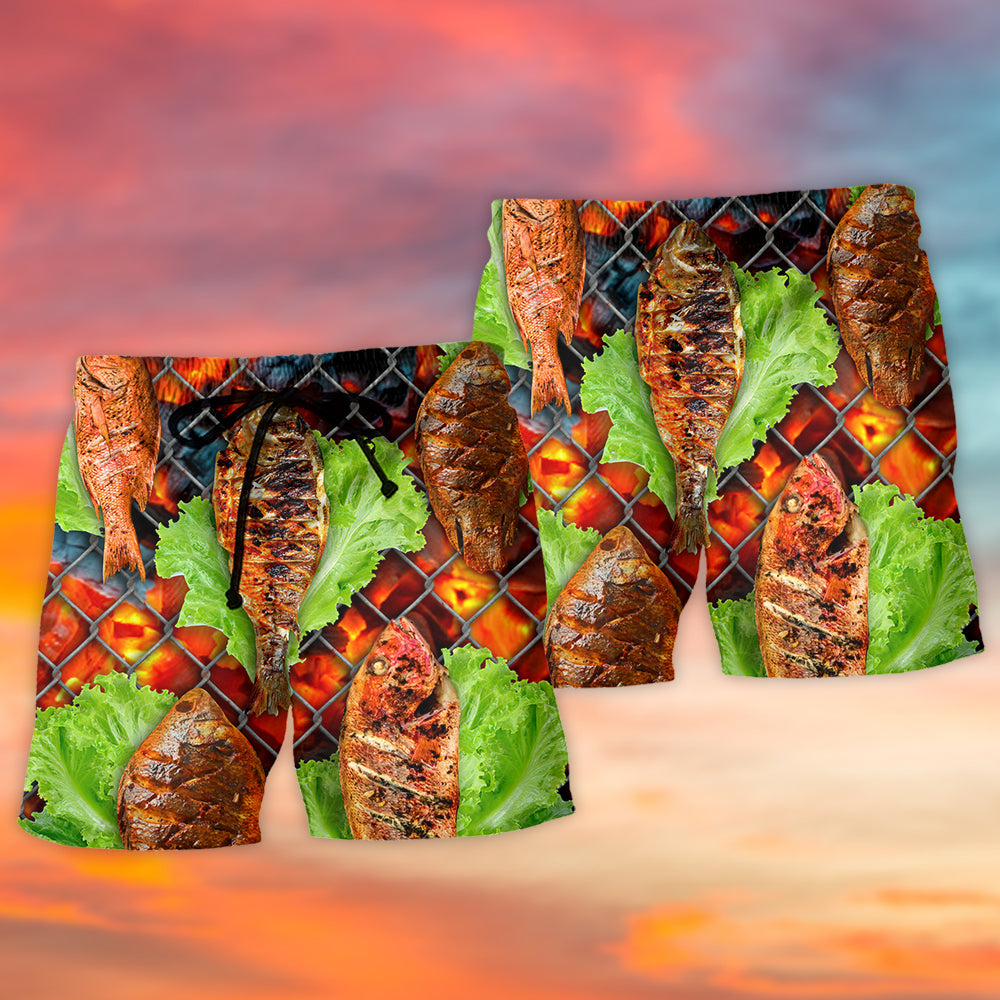 Grilled Fish BBQ Food Beach Shorts Pattern Detail For Sunny Outdoor Activities