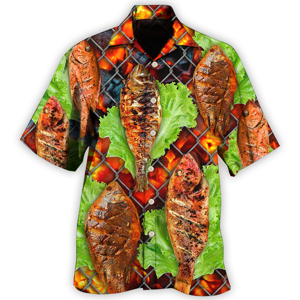 Creative Grilled Fish BBQ Food Hawaiian Shirt For Summer Vacation, Beach Travel, And Casual Wear