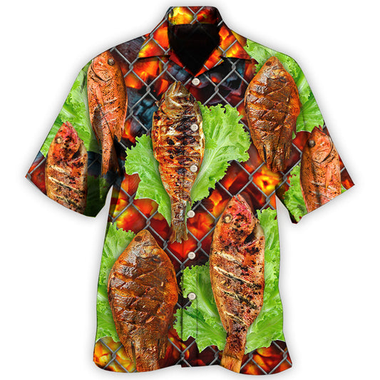 Creative Grilled Fish BBQ Food Hawaiian Shirt For Summer Vacation, Beach Travel, And Casual Wear