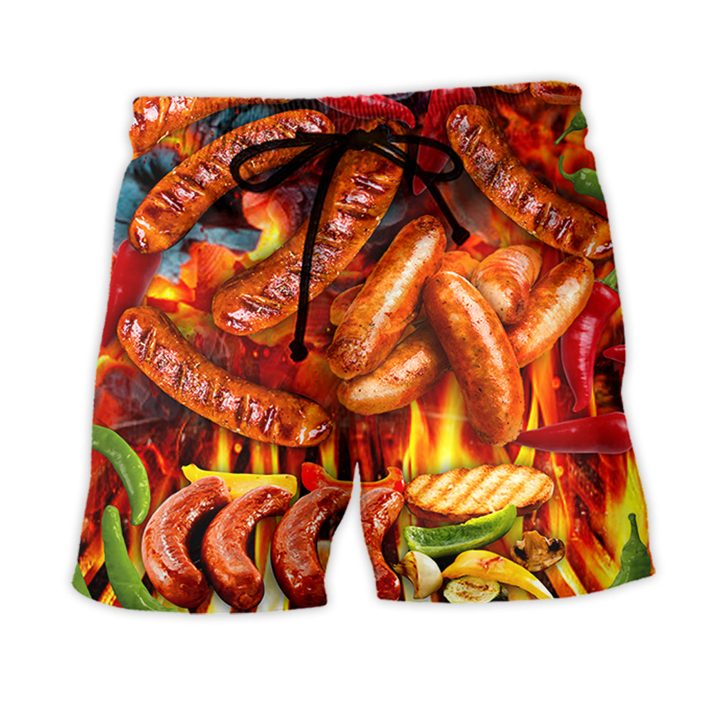 BBQ Grilled Sausage Food Beach Shorts Artwork Detail For Comfortable Everyday Summer Wear