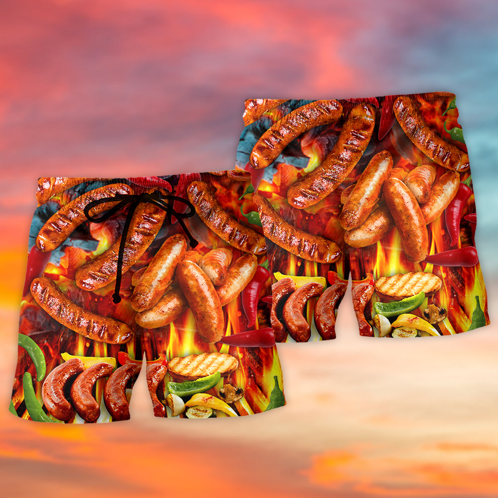 BBQ Grilled Sausage Food Beach Shorts For Tropical Getaways And Weekend Adventures