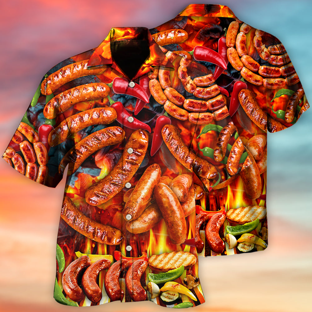 Barbecue And Grilled Sausage Hawaiian Shirt With All Over Print For Island Holidays Summer Parties And Casual Outdoor Wear