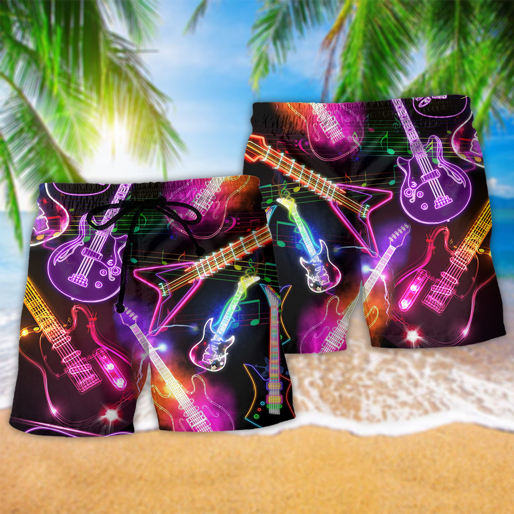 Guitar Amazing Neon Christmas Hawaiian Print Beach Shorts For Seasonal Summer Travel