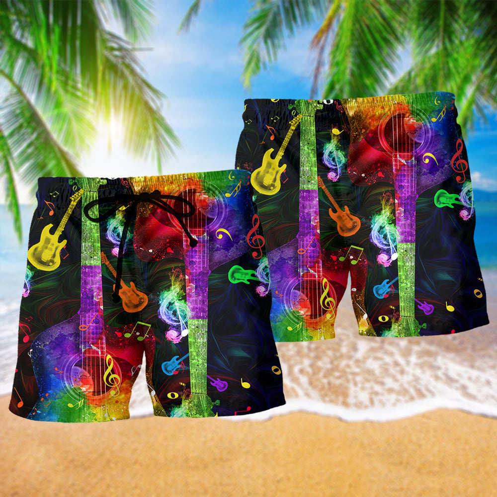 Rainbow Guitar Music Beach Shorts Pattern Detail For Summer Travel And Relaxed Casual Wear
