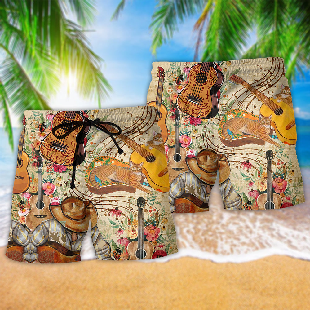 Guitar Music Floral Beach Shorts Pattern Detail For Cruise Vacations And Distinctive Seasonal Style