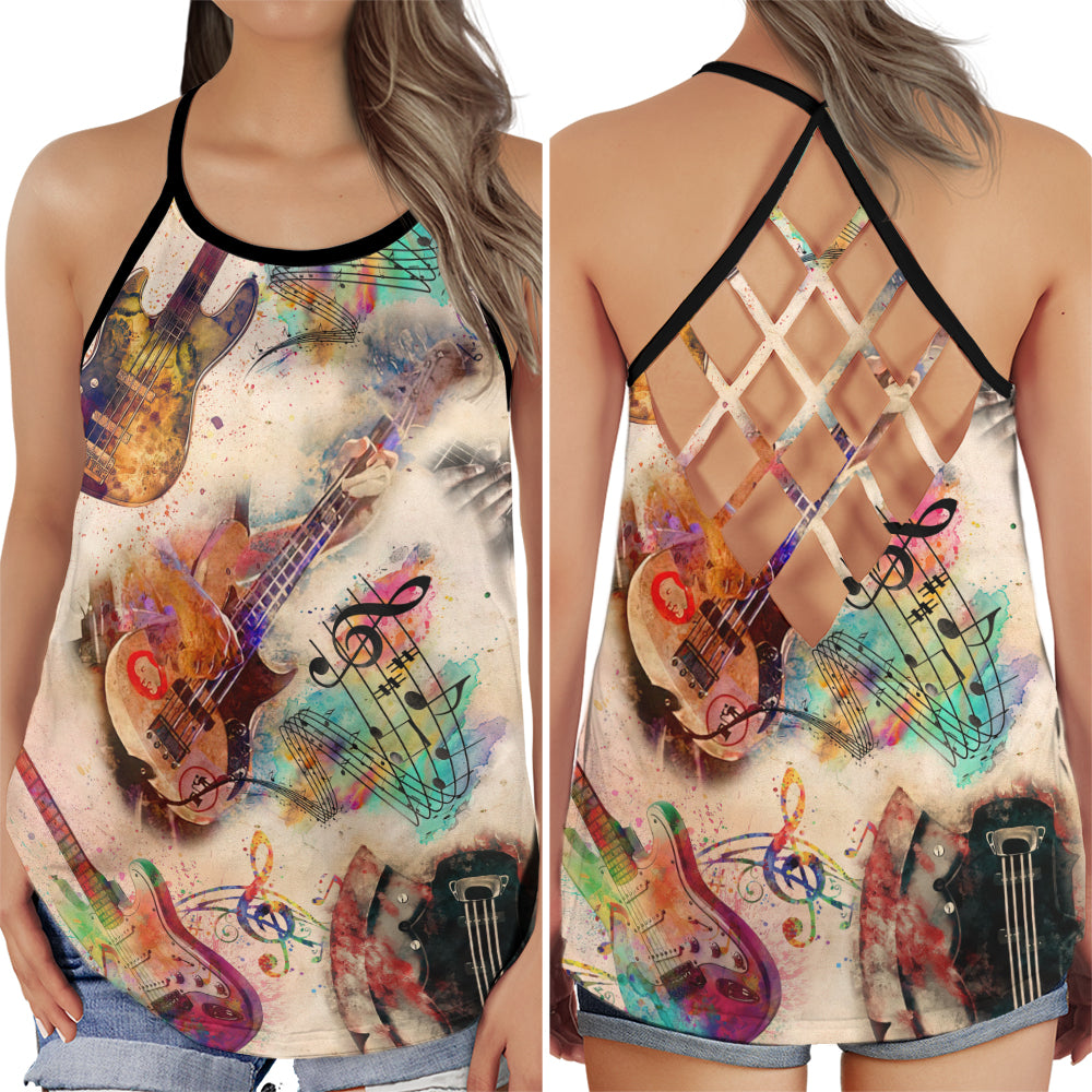Guitar Summer Music Hollow Tank Top For Studio Practice And Festival Wear