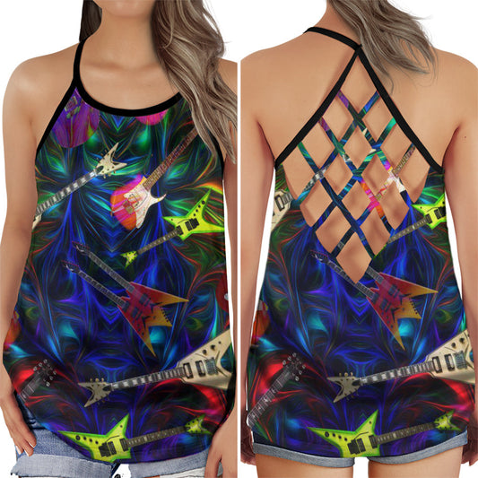 Colorful Guitar Soul Hollow Tank Top For Studio Practice And Festival Wear