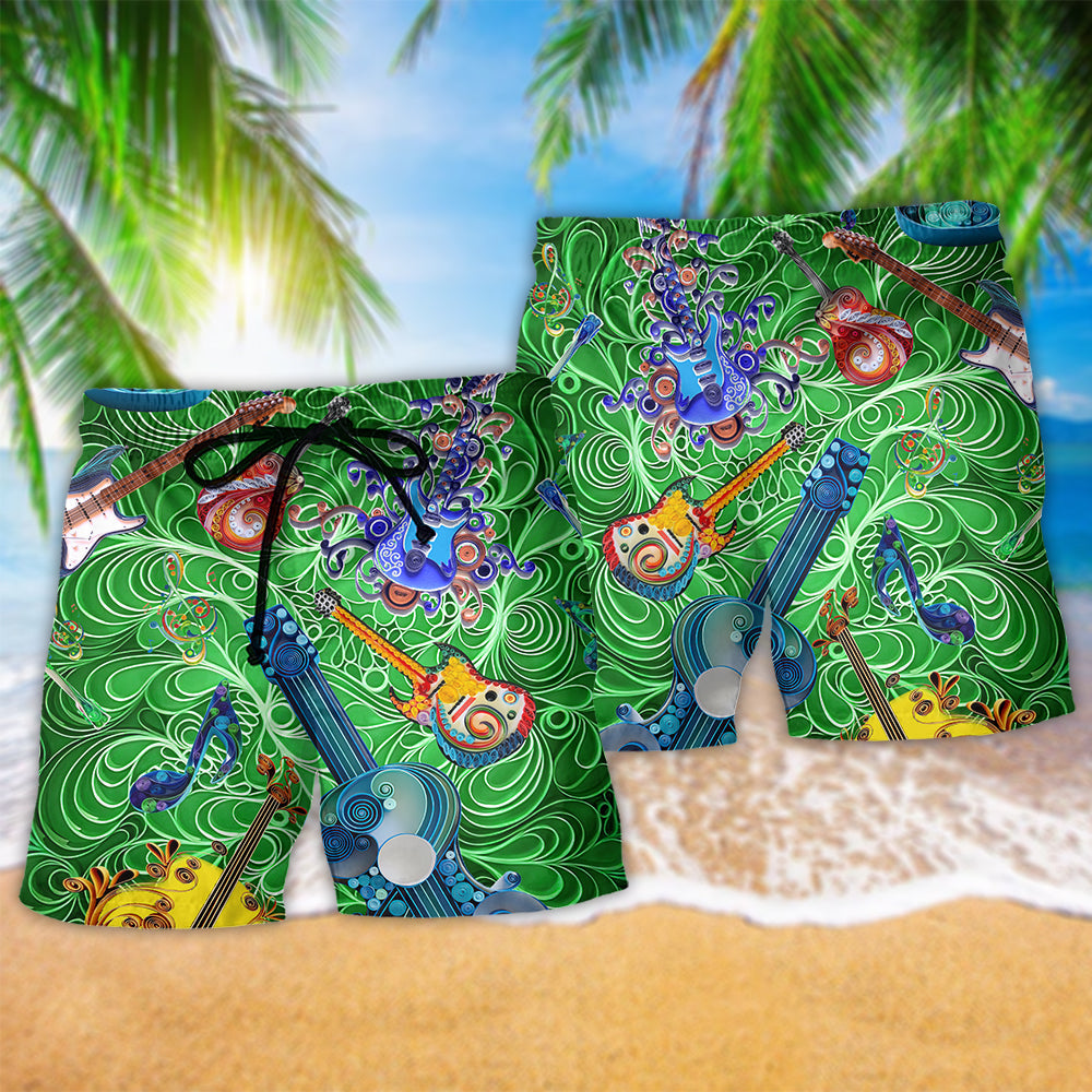 Guitar Love Green Music Beach Shorts Print Detail For Beach Activities And Vacation Wear