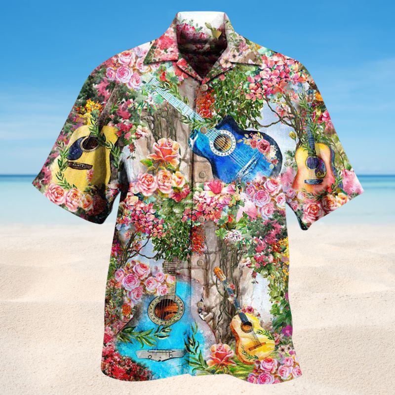 Guitar Melody And Rose Garden Hawaiian Shirt For Coastal Vacations Live Music Fans And Everyday Wear