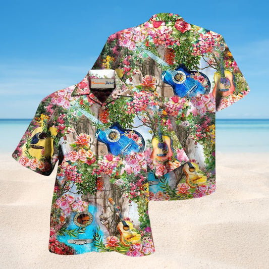 Guitar Melody And Rose Garden Hawaiian Shirt For Coastal Vacations Live Music Fans And Everyday Wear