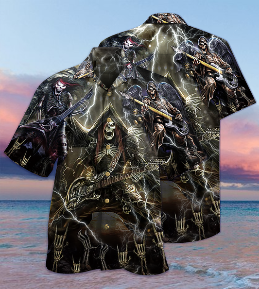 Dark Vintage Guitar Music Hawaiian Shirt Artwork Detail For Resort Trips And Outdoor Activities