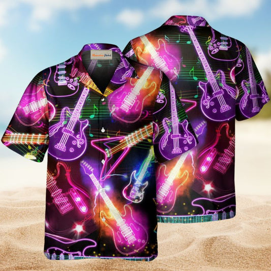 Neon Guitar Vibrant Christmas Hawaiian Shirt For Island Vacations, Resort Wear, And Relaxed Seasonal Style