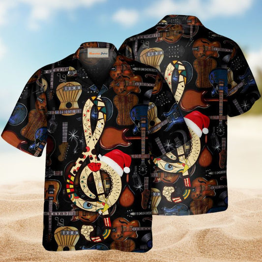 Neon Guitar Christmas Hawaiian Shirt For Island Vacations, Resort Wear, And Relaxed Seasonal Style