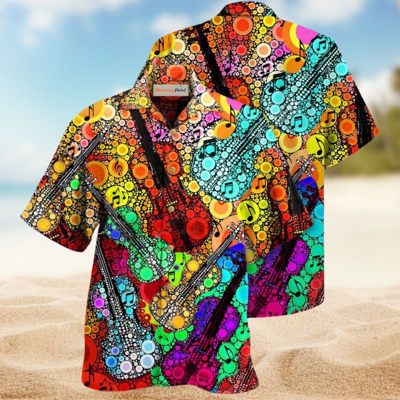 Creative Guitar Scroll Hawaiian Shirt For Resort Trips, Coastal Parties, And Warm Weather Style