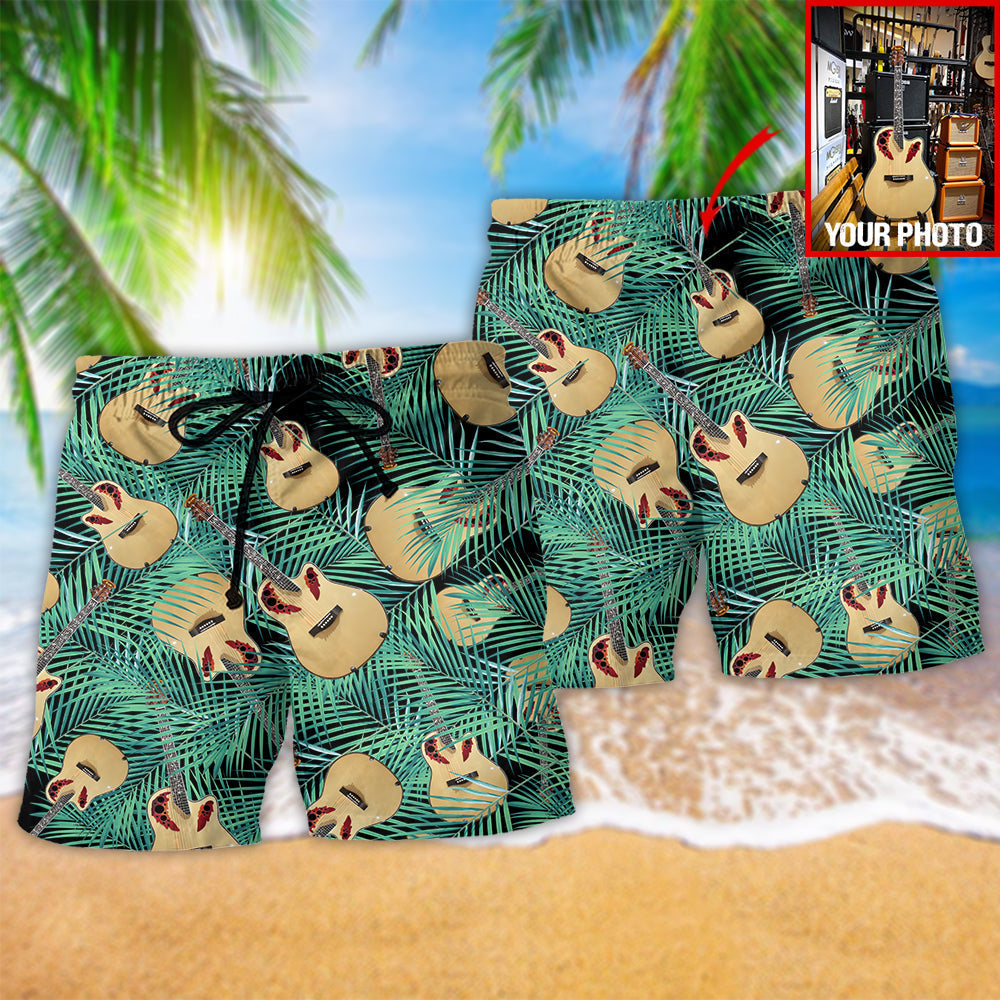 Tropical Guitar Leaf Photo Beach Shorts Pattern Detail For Leisure Travel And Casual Outdoor Comfort
