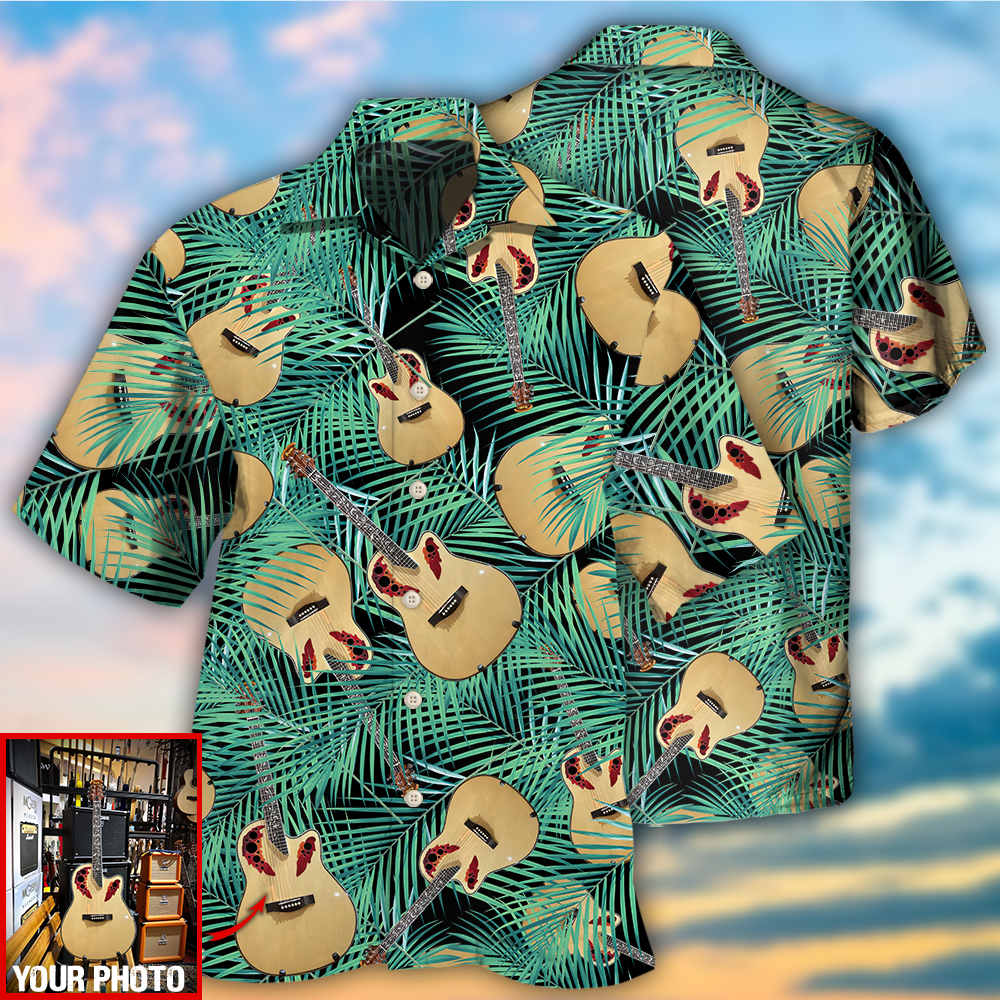 Tropical Guitar Leaf Personalized Photo Hawaiian Shirt For Island Vacations, Resort Wear, And Relaxed Seasonal Style