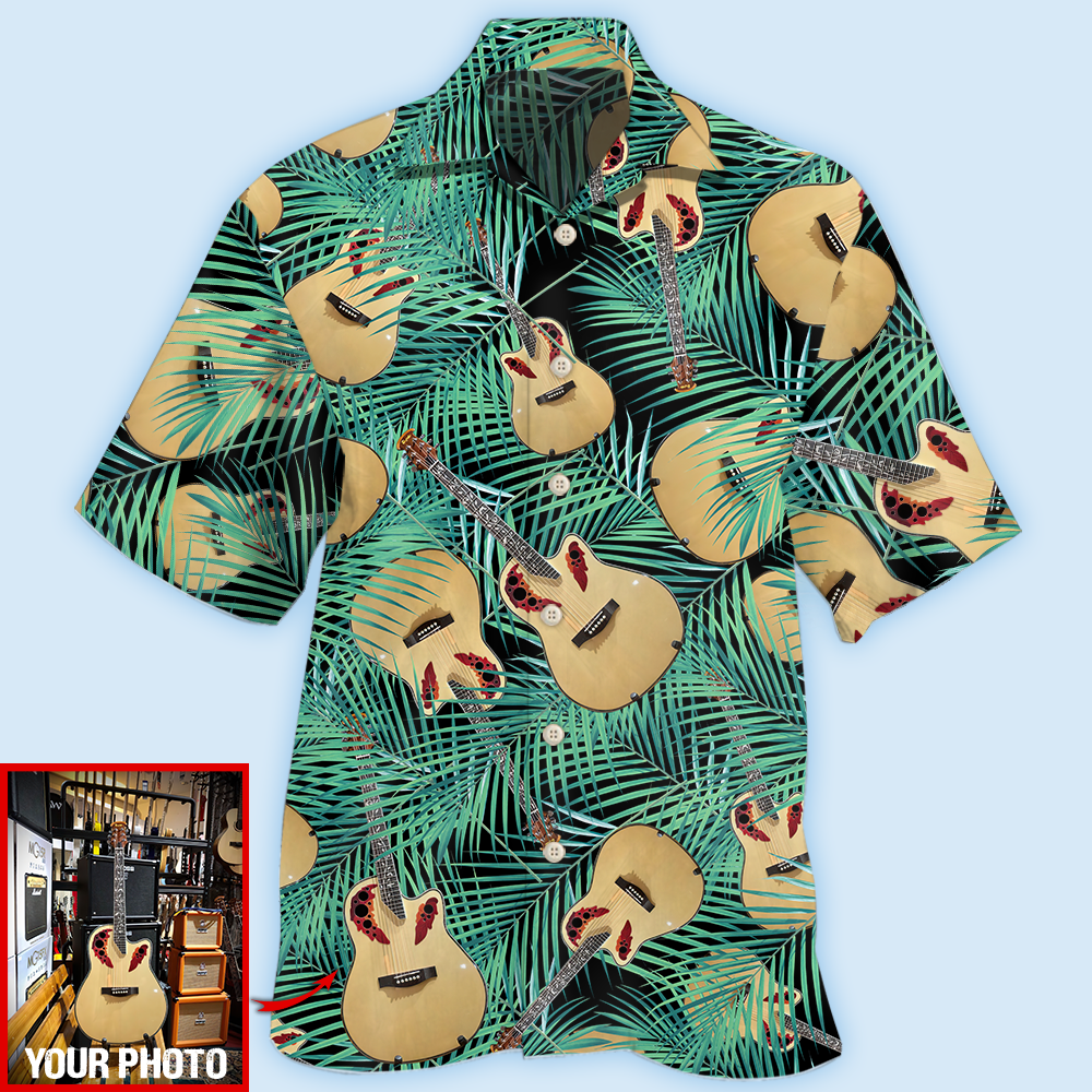 Tropical Guitar Leaf Personalized Photo Hawaiian Shirt For Island Vacations, Resort Wear, And Relaxed Seasonal Style