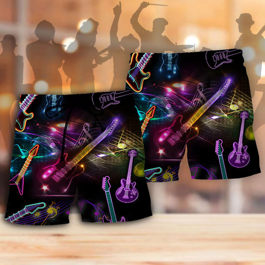 Neon Guitar Music Beach Shorts Print Detail For Beach Activities And Vacation Wear