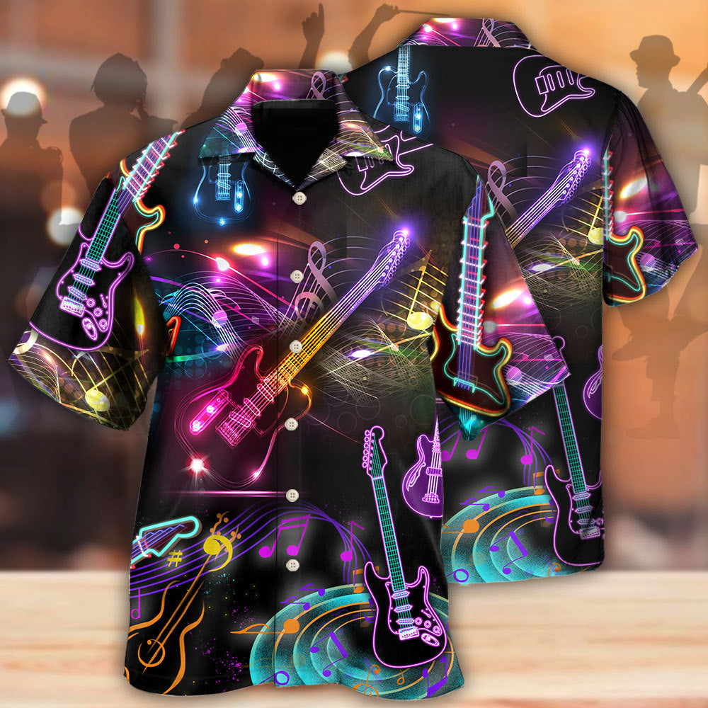 Creative Neon Guitar Music Hawaiian Shirt For Summer Vacation, Beach Travel, And Casual Wear