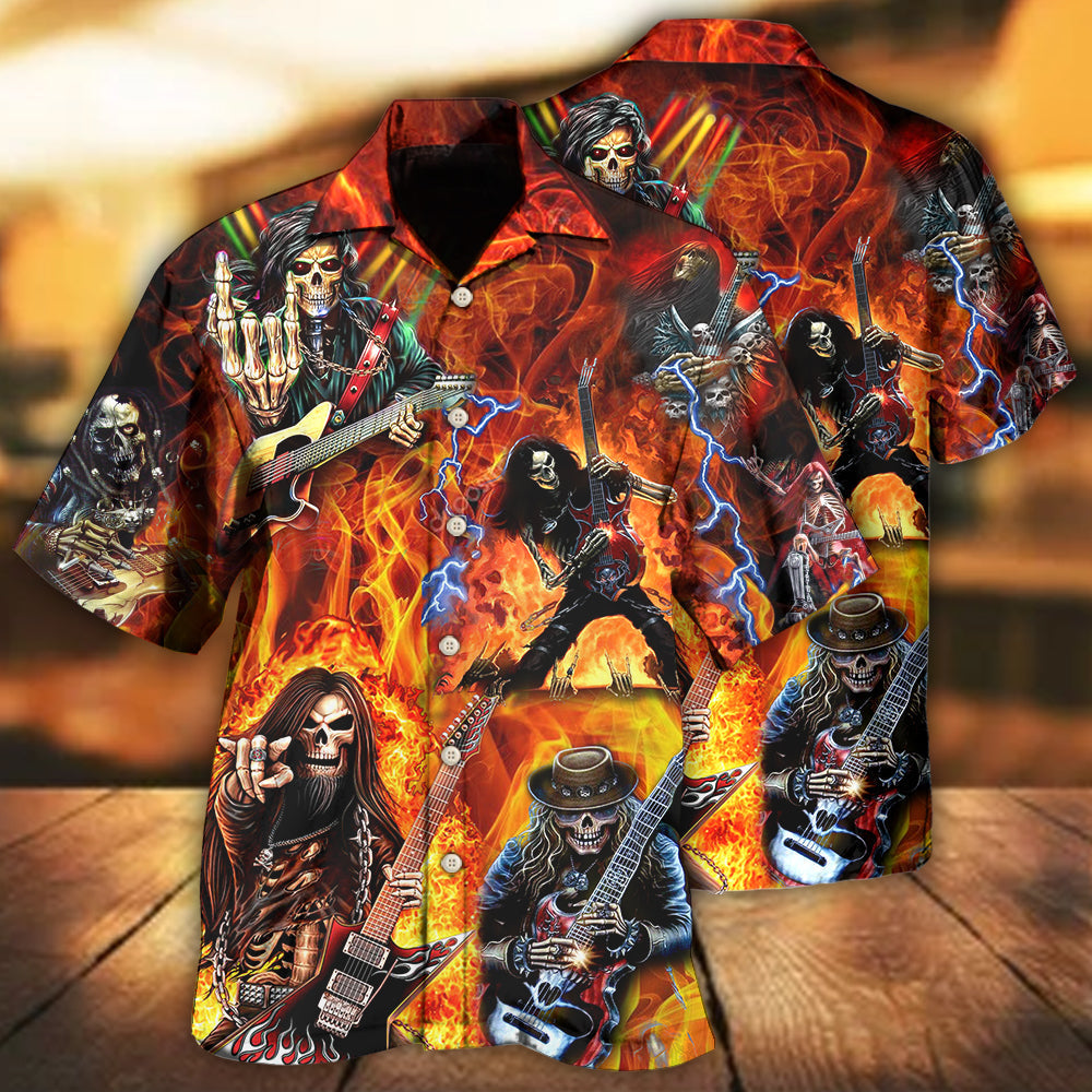 Creative Guitar Skull Fire Pattern Hawaiian Shirt For Concert Lovers, Tropical Holidays, And Thoughtful Gift Giving