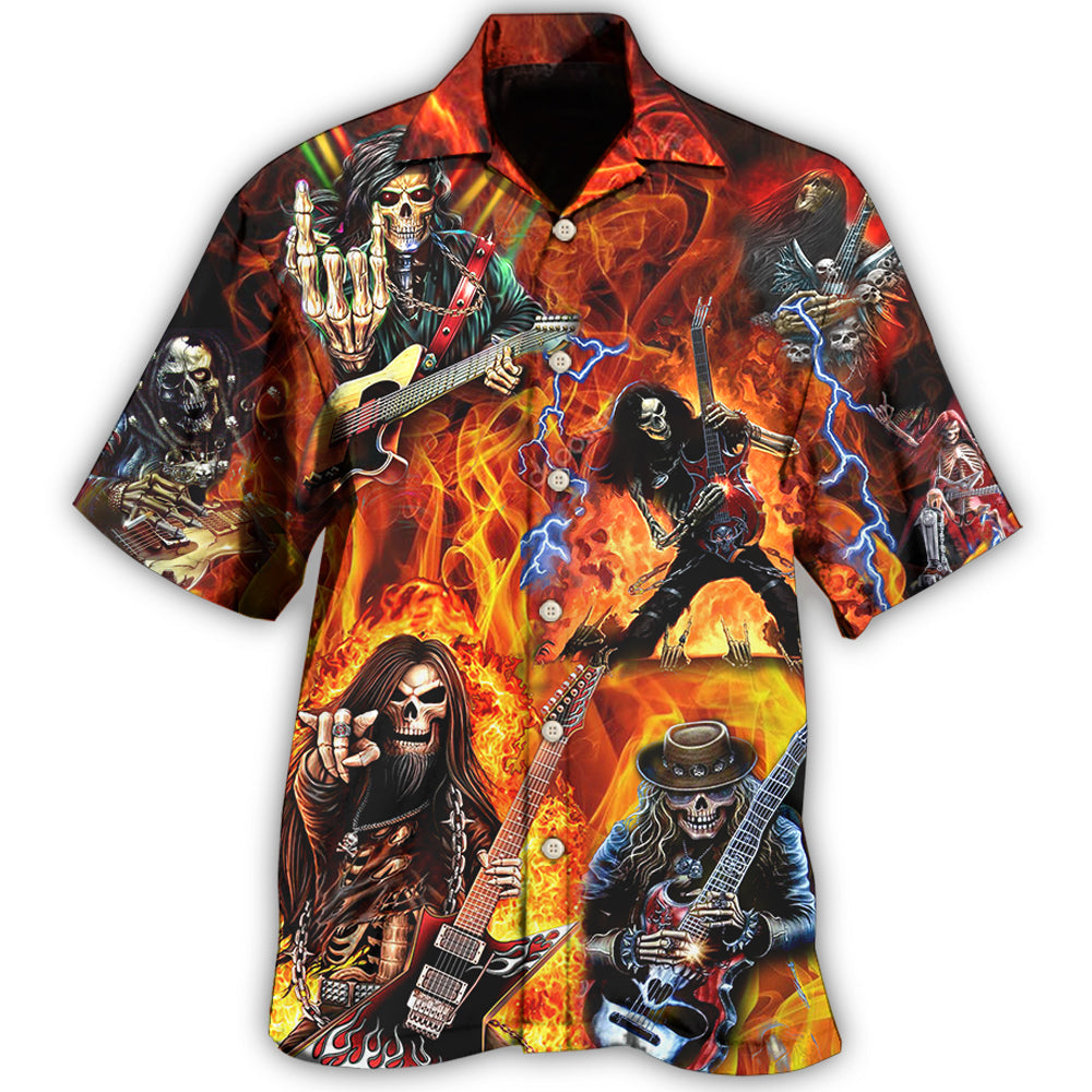 Creative Guitar Skull Fire Pattern Hawaiian Shirt For Concert Lovers, Tropical Holidays, And Thoughtful Gift Giving