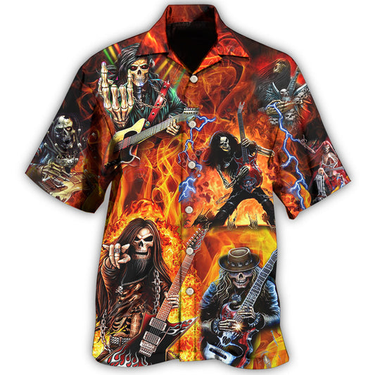 Creative Guitar Skull Fire Pattern Hawaiian Shirt For Concert Lovers, Tropical Holidays, And Thoughtful Gift Giving