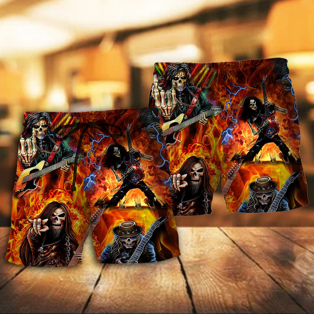 Guitar Skull Fire Artistic Beach Shorts Pattern View For Weekend Trips And Outdoor Activities