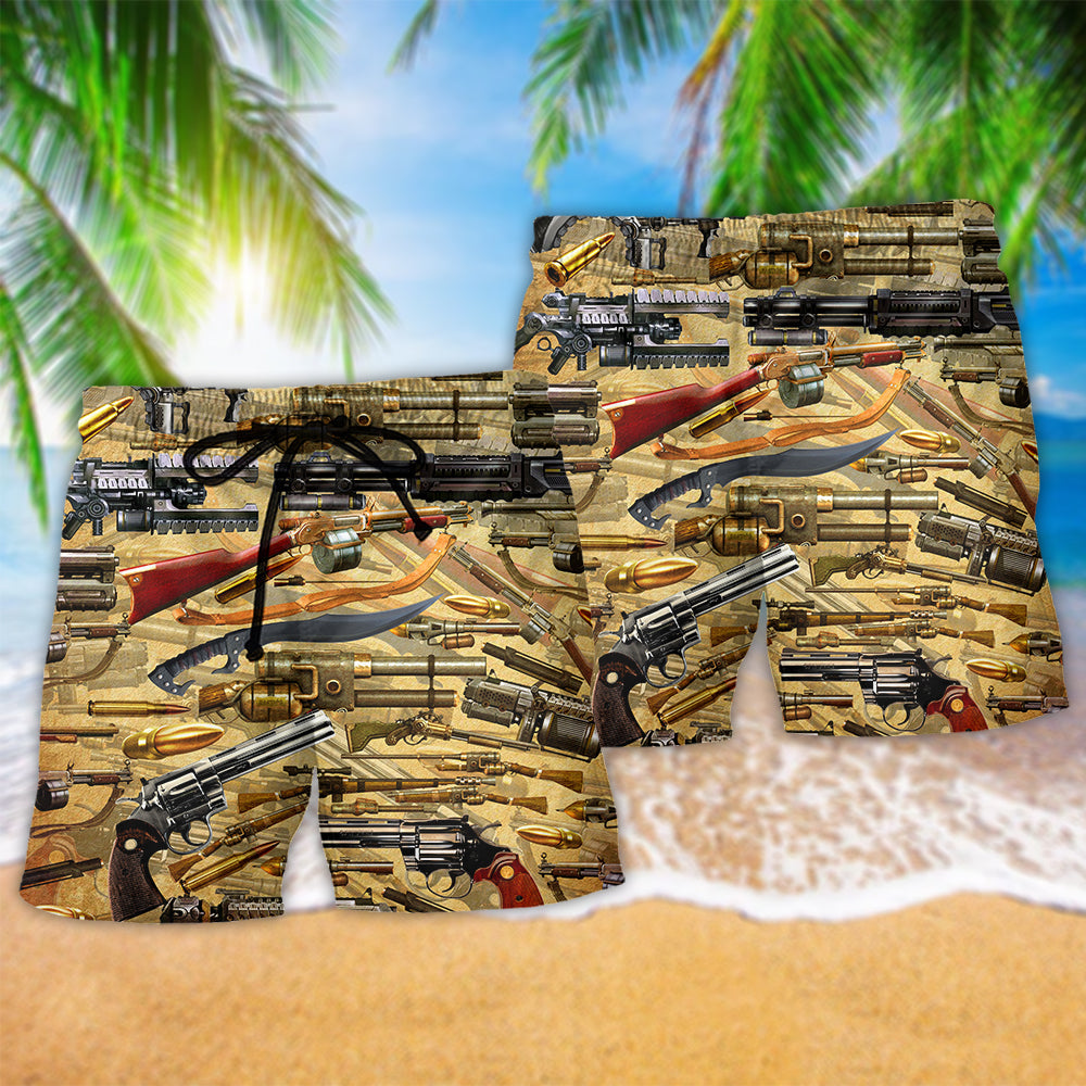 Gun Hold It Right Quote Beach Shorts Design Detail For Resort And Beach Day Style