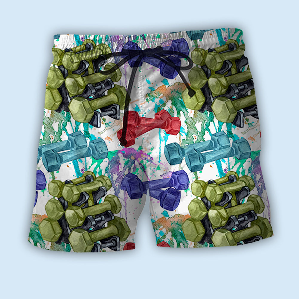 Colorful Gym Fitness Lifestyle Beach Shorts Artwork Detail For Tropical Travel And Everyday Wear