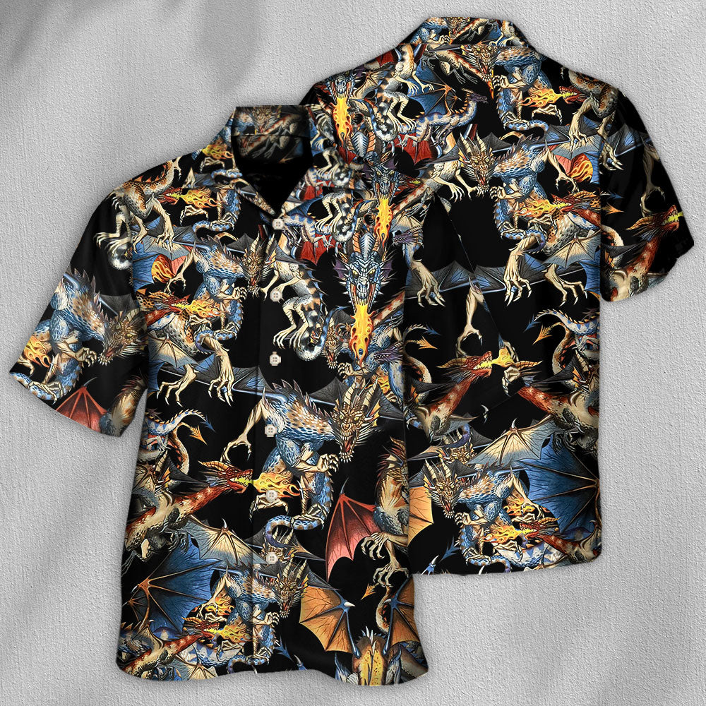 Dragon Breathing Fire Hawaiian Shirt Collar And Front View For Resort Wear