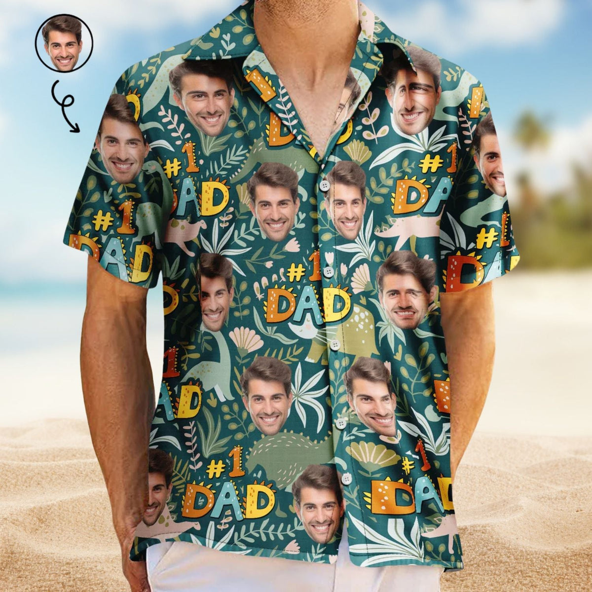 Custom Photo Dino Dad Personalized Hawaiian Shirt For Beach Parties, Coastal Travel, And Relaxed Warm Weather Style