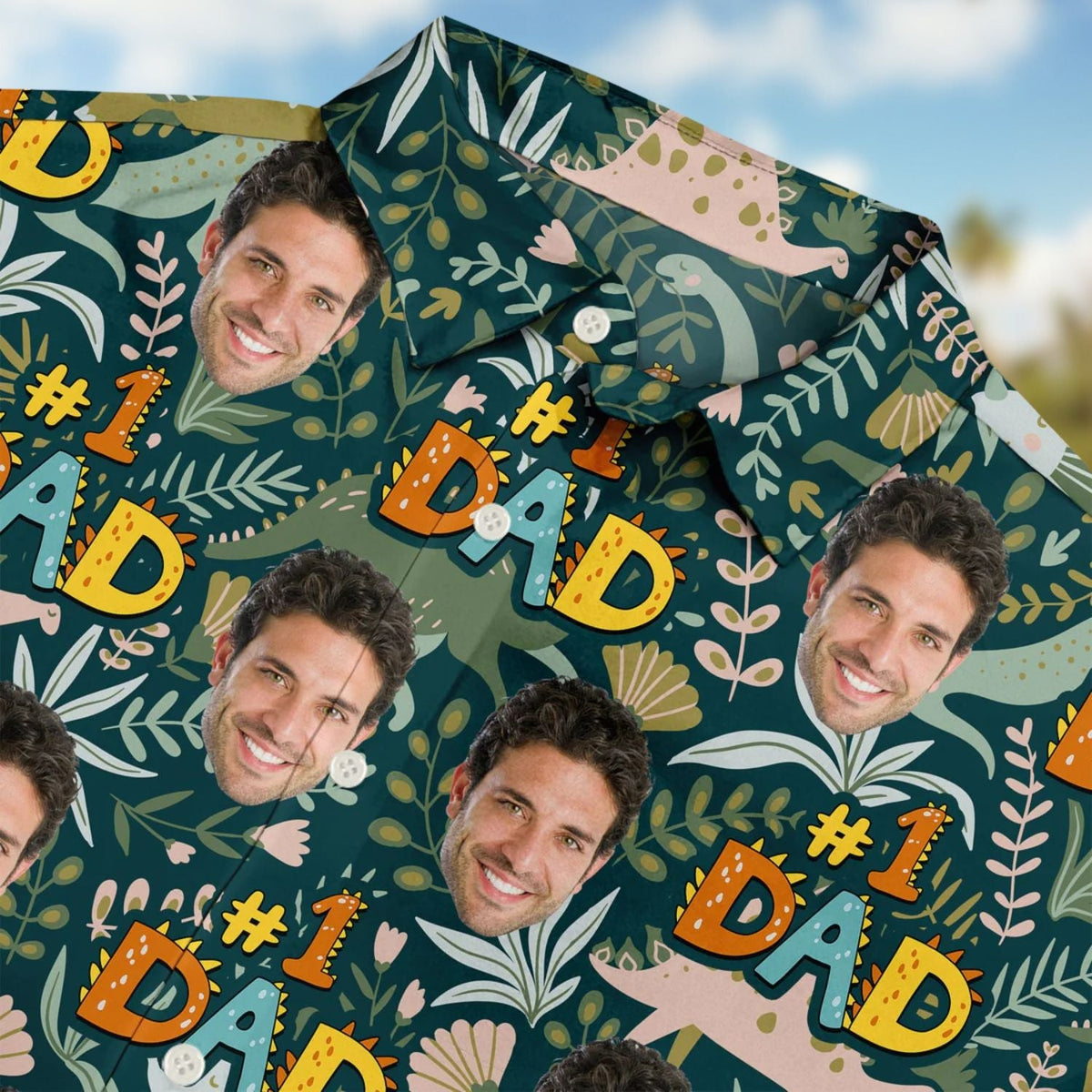 Custom Photo Dino Dad Personalized Hawaiian Shirt For Beach Parties, Coastal Travel, And Relaxed Warm Weather Style
