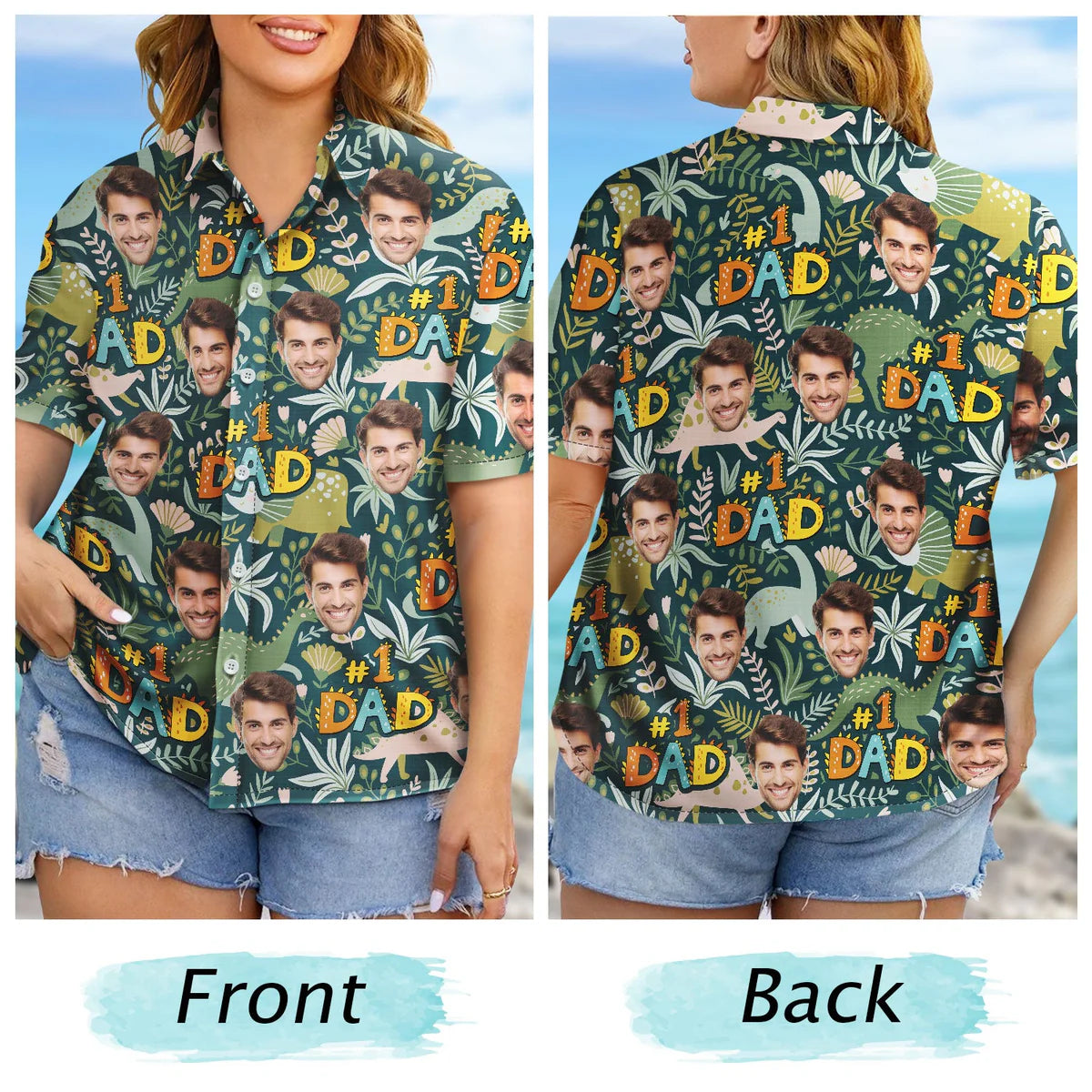 Custom Photo Dino Dad Personalized Hawaiian Shirt For Beach Parties, Coastal Travel, And Relaxed Warm Weather Style