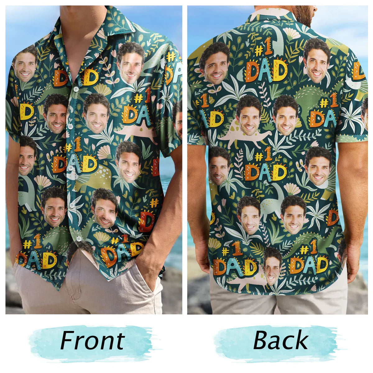 Custom Photo Dino Dad Personalized Hawaiian Shirt For Beach Parties, Coastal Travel, And Relaxed Warm Weather Style
