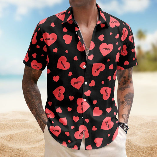 Vintage Custom Heart Name Aloha Valentine's Day Hawaiian Shirt For Festive Vacations And Beach Parties