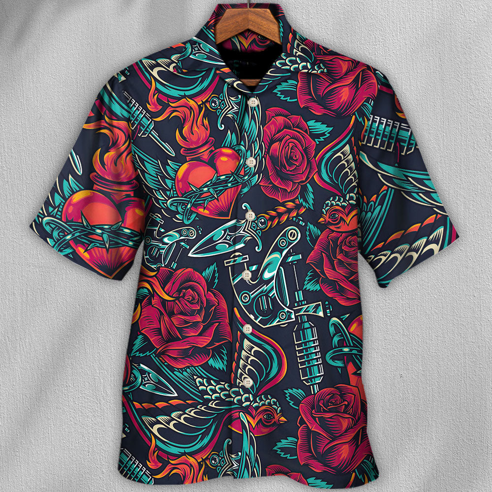 Tattoo Red Rose Heart Hawaiian Shirt Print Closeup For Beach Days